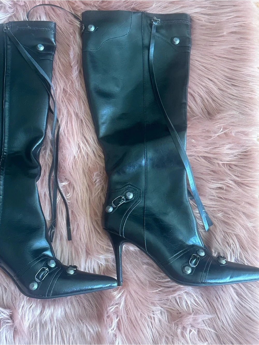 Women's Black Pointed-Toe Knee Boots with Decorative Straps